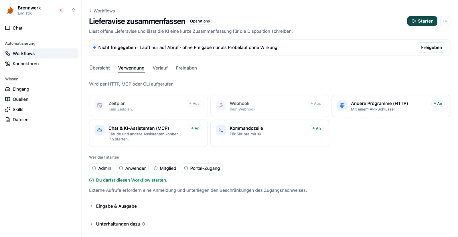 Verwendung eines Workflows über Zeitplan, Webhook, HTTP, MCP und Kommandozeile