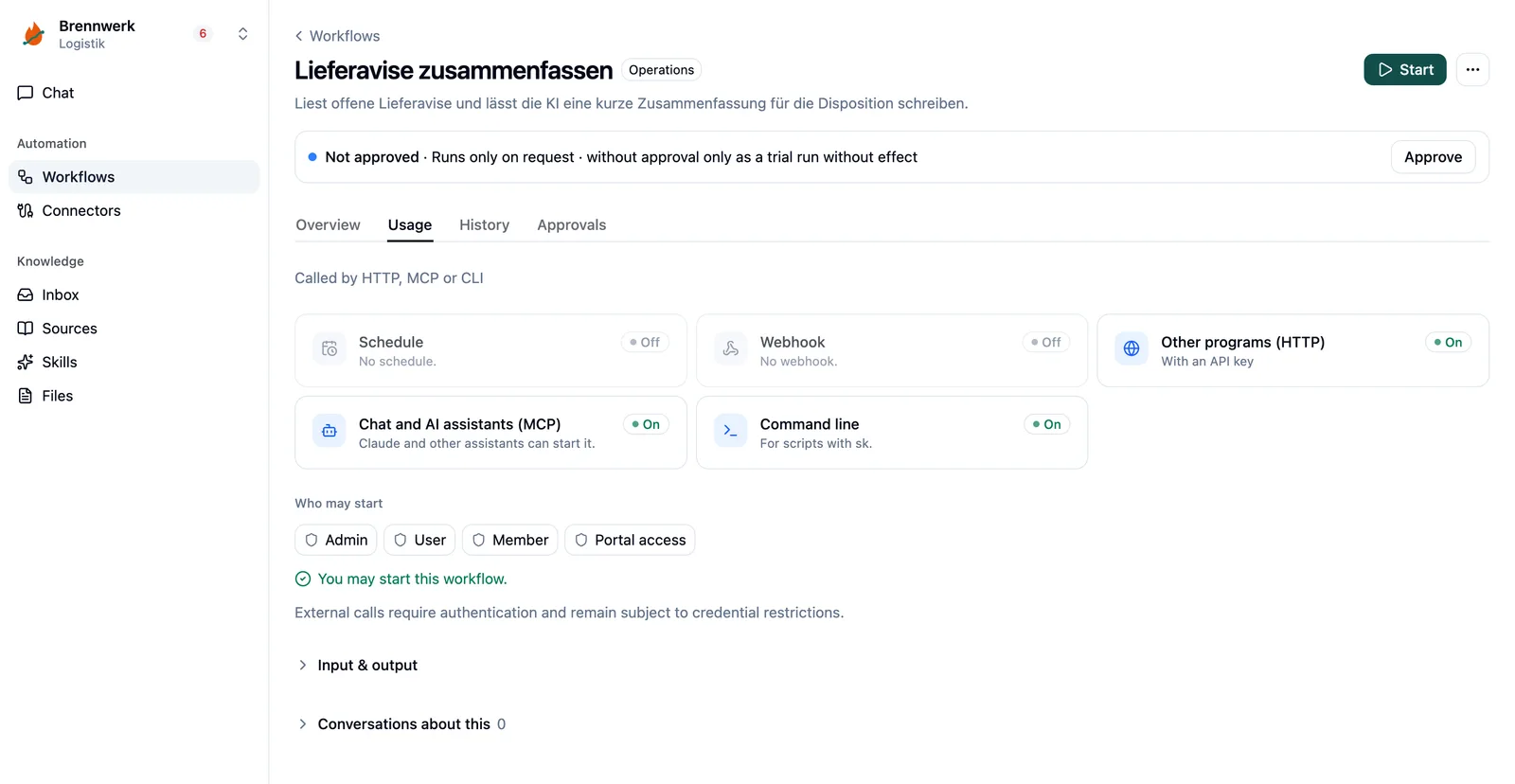 Workflow usage via schedule, webhook, HTTP, MCP and CLI
