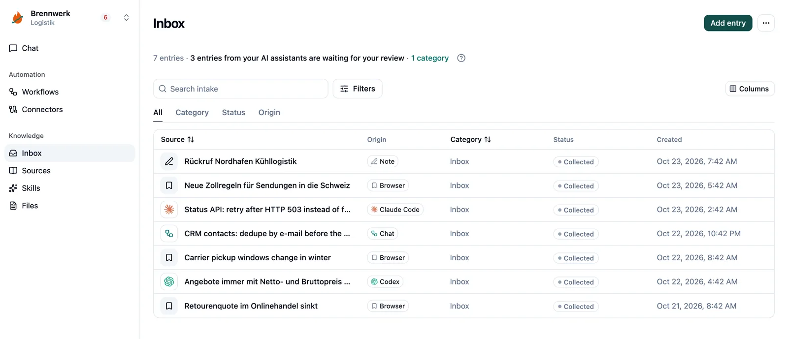 Inbox with items from Claude Code, Codex, Chat, browser and note