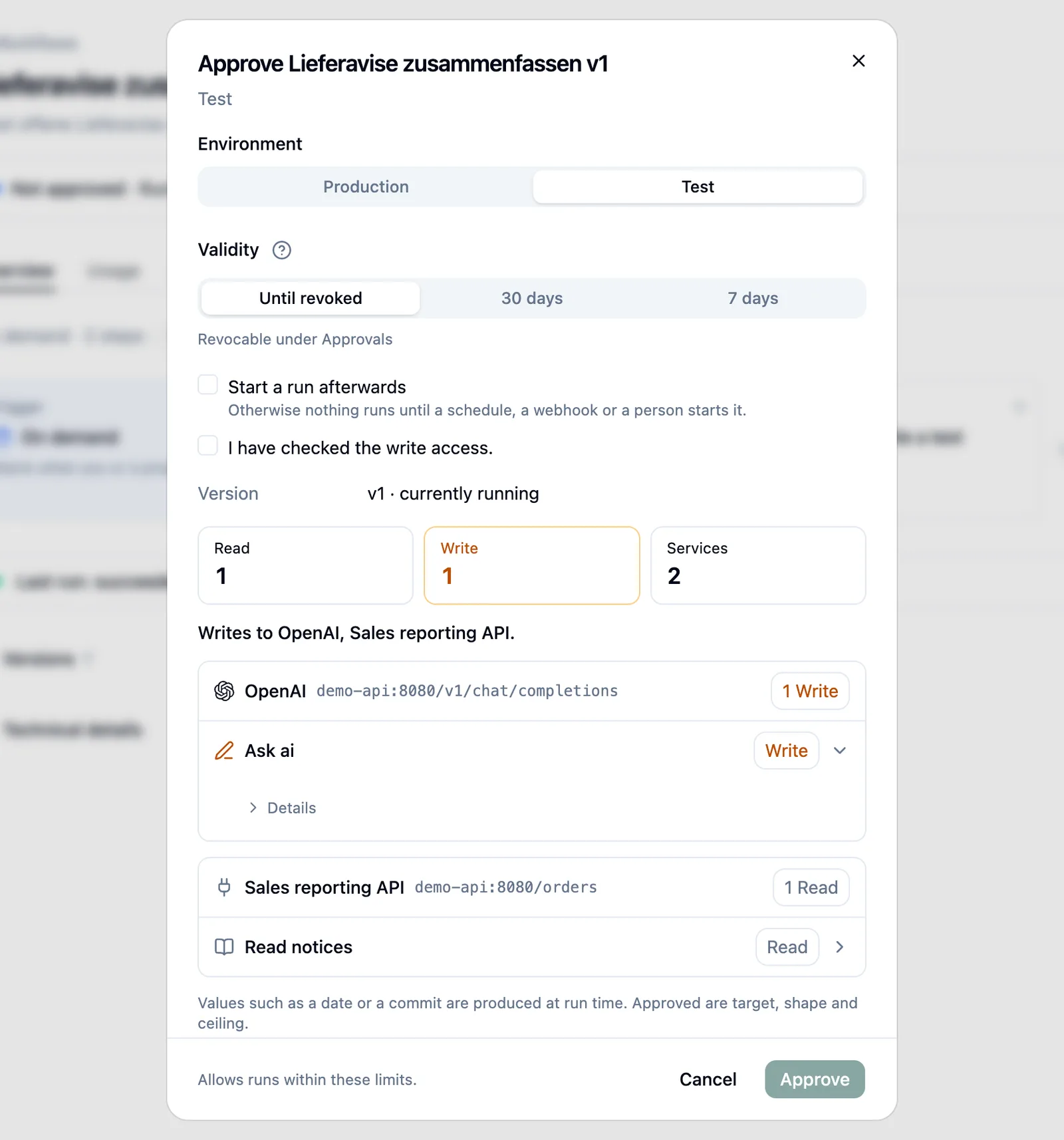 Approval dialog with environment, validity and allowed services
