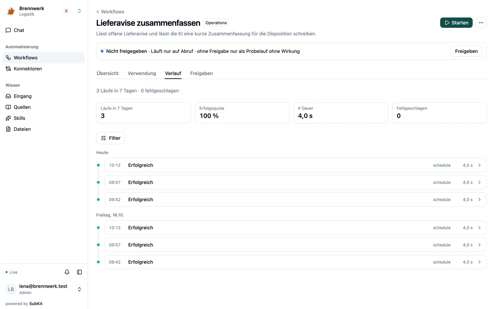 Verlauf eines Workflows mit Läufen auf einer Zeitleiste