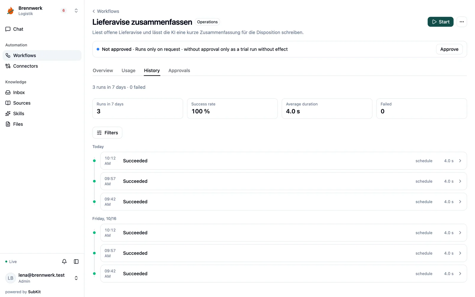 Workflow history with runs on a timeline